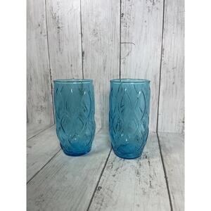 2 Anchor Hocking Madrid 10oz Aqua Blue 5" Diamond Quilted Glass Set MCM